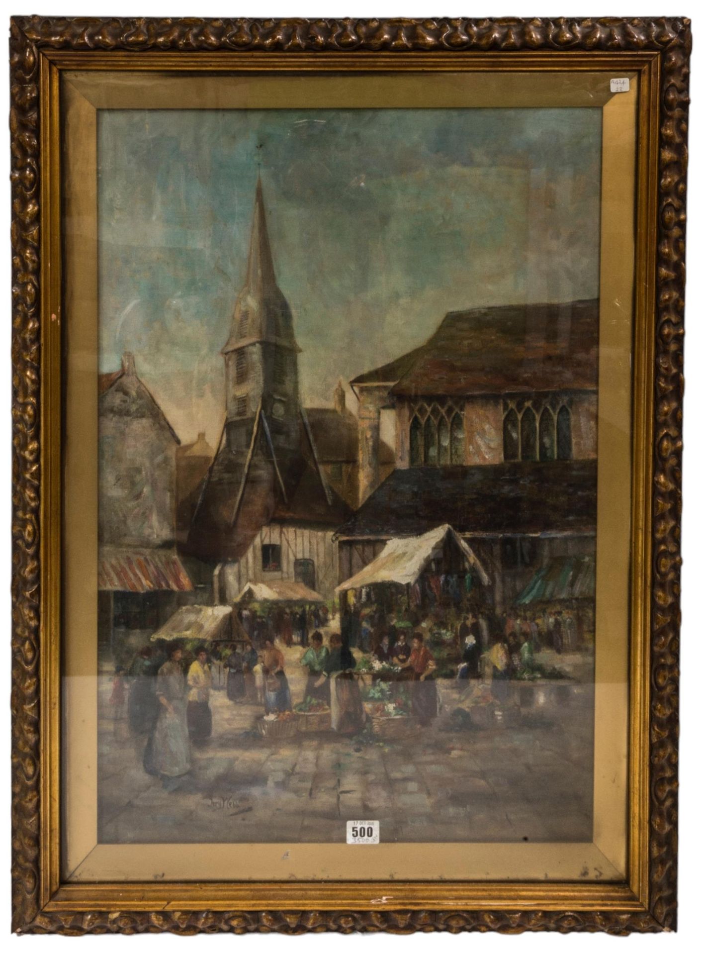 Null 伊维-韦伯（20 世纪）油画《 CONTINENTAL MARKET SCENE》，左下角有签名，上釉，有框 70 x 49 厘米