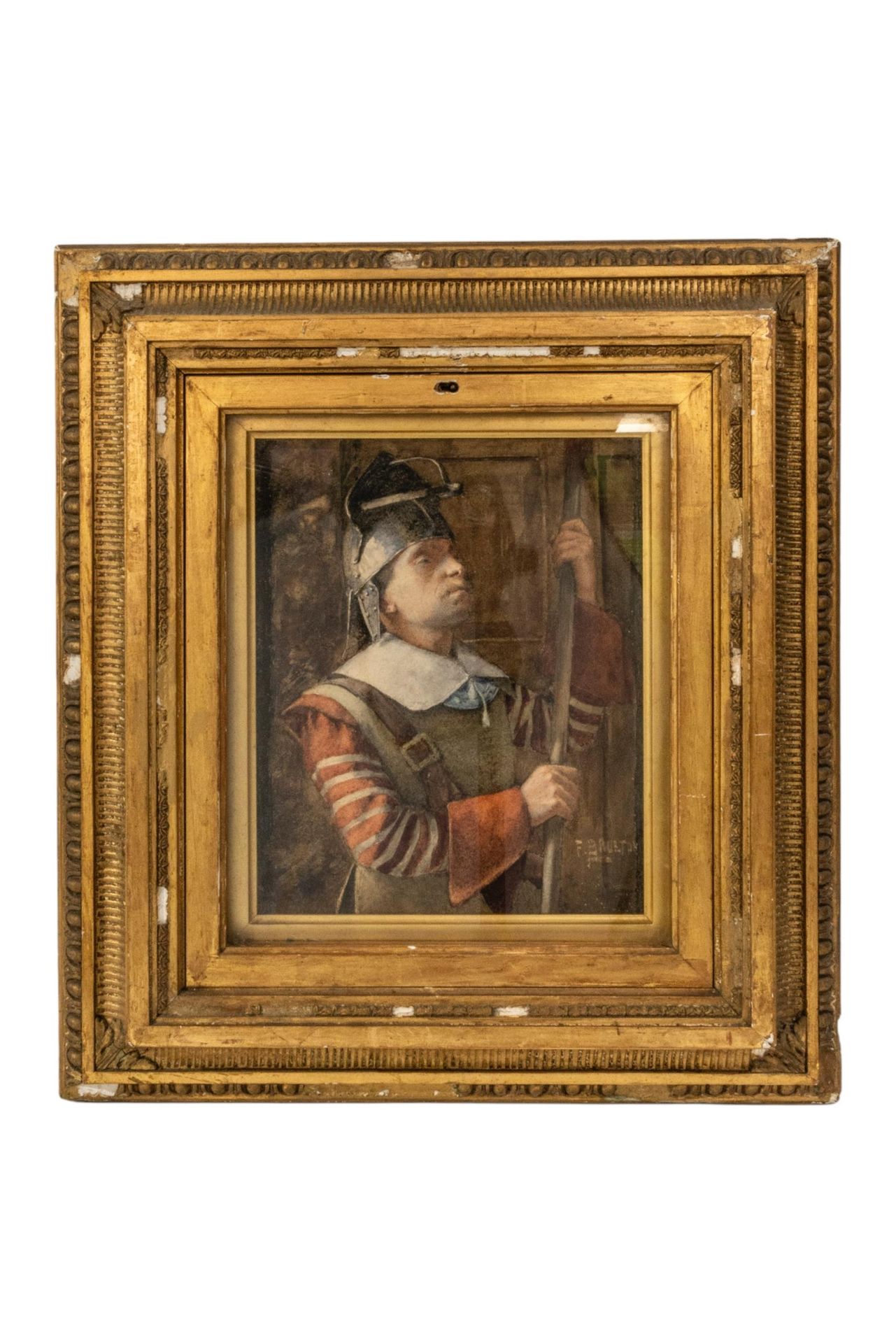 Null 弗雷德里克-布鲁顿（1882-1911 年）纸上水彩画《卫兵》，画中卫兵头盔遮阳板向上，手持长矛，右下角有签名，上釉，有框 24 x 20 厘米