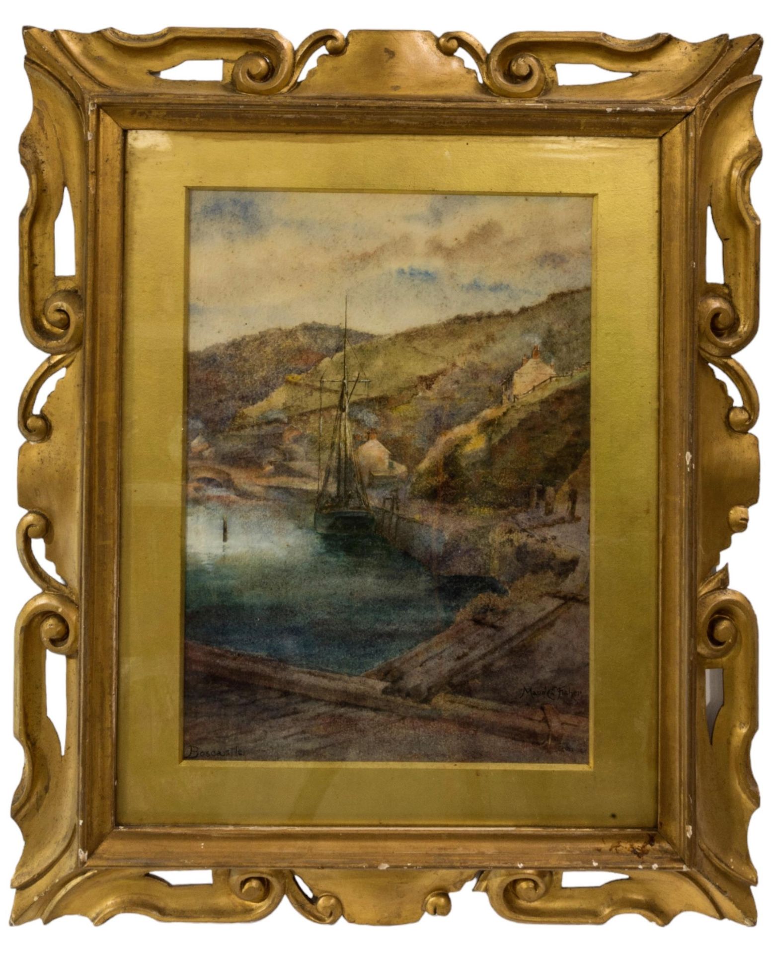 Null 一幅古老的科尼什风景水彩画，描绘一艘停泊在博斯卡斯尔港的船只，带有莫德-C-费舍尔的签名，上釉并装裱 36 x 26 厘米