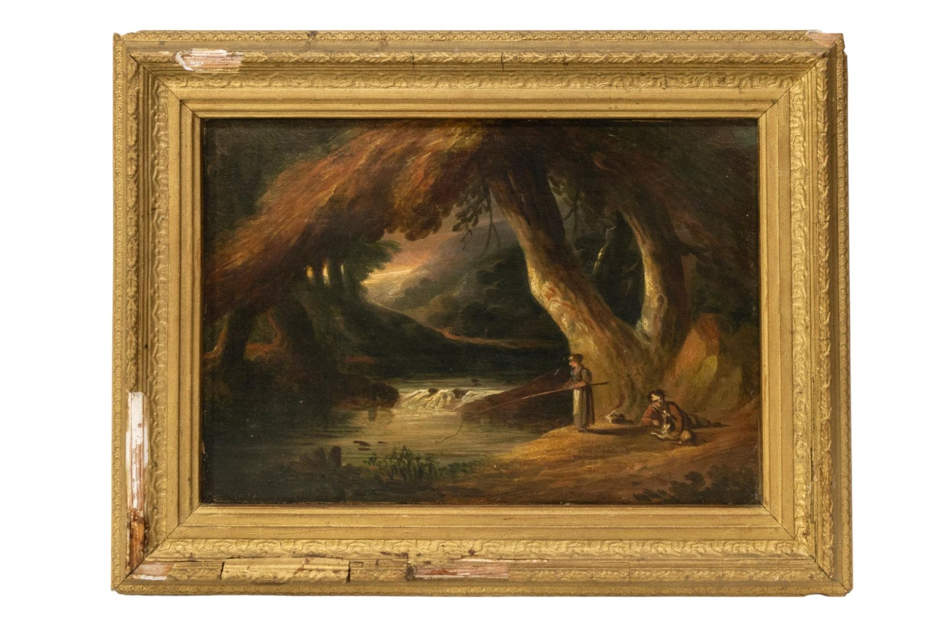 Null 英国学院派（19 世纪）油画《布格利克捕鱼场景》，倒角面板，描绘一对夫妇和他们的狗在林地河边钓鱼的场景，未署名 17.5 x 26 厘米