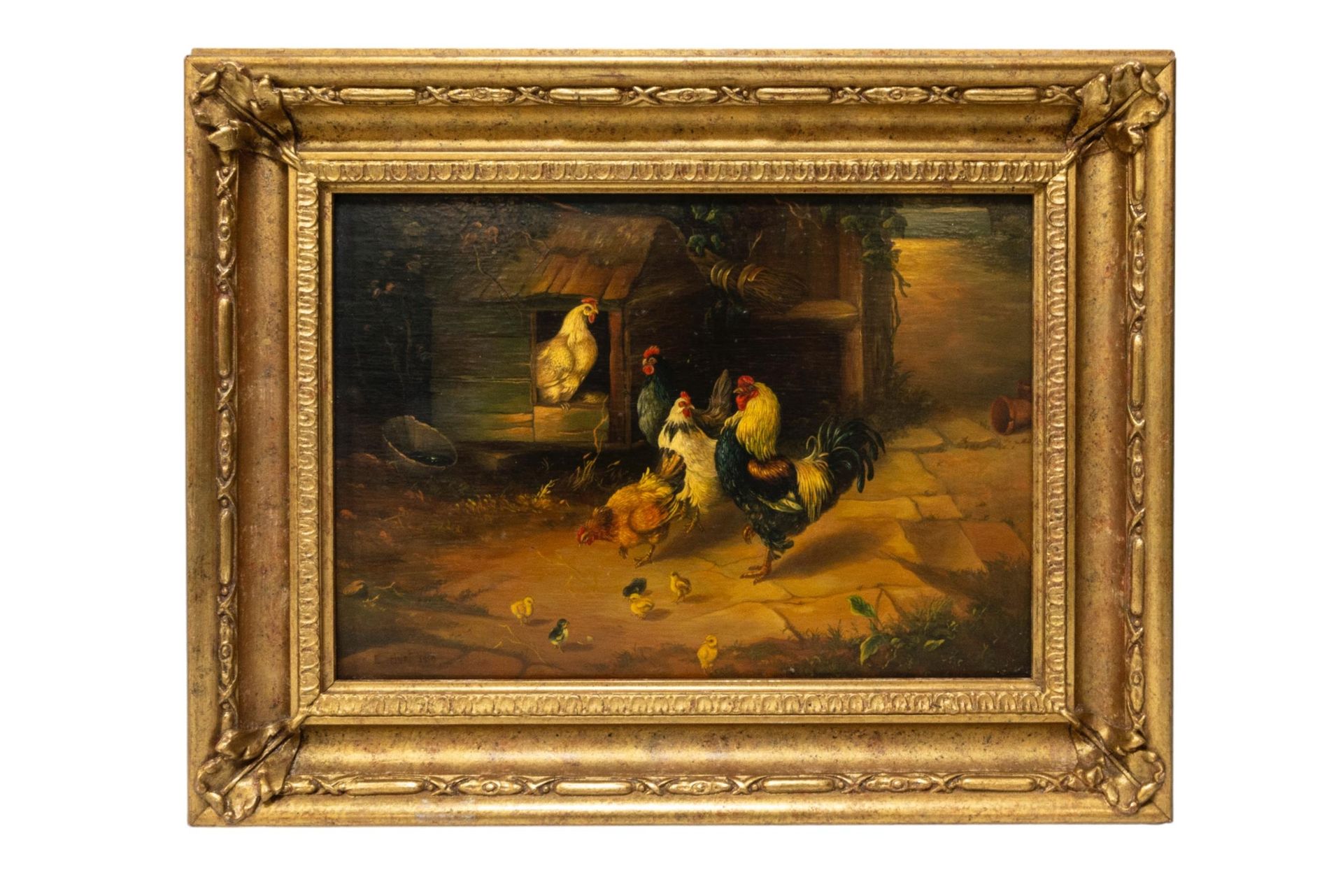 Null 归属于埃德加-亨特（1876-1953 年）的木板油画，描绘了农场环境中的公鸡、母鸡和小鸡，左下角有签名和 1950 年的日期 20 x 29 厘米
