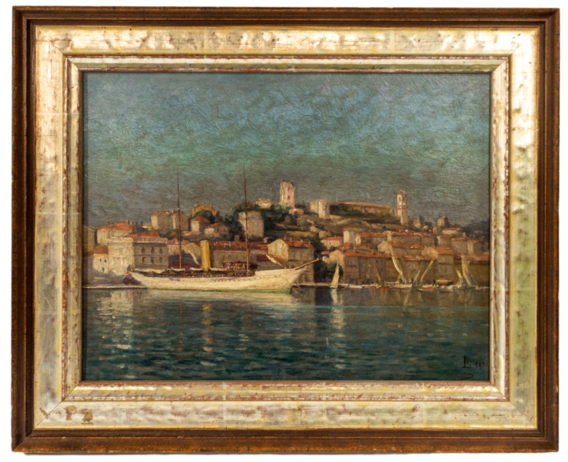 Null 一幅地中海港口风景油画，20 世纪早期，描绘了一艘停泊在游艇旁的单漏斗船，右下角刻有 L.S.的字样和日期，1901 年，背面绘有田园风光 24 x &hellip;