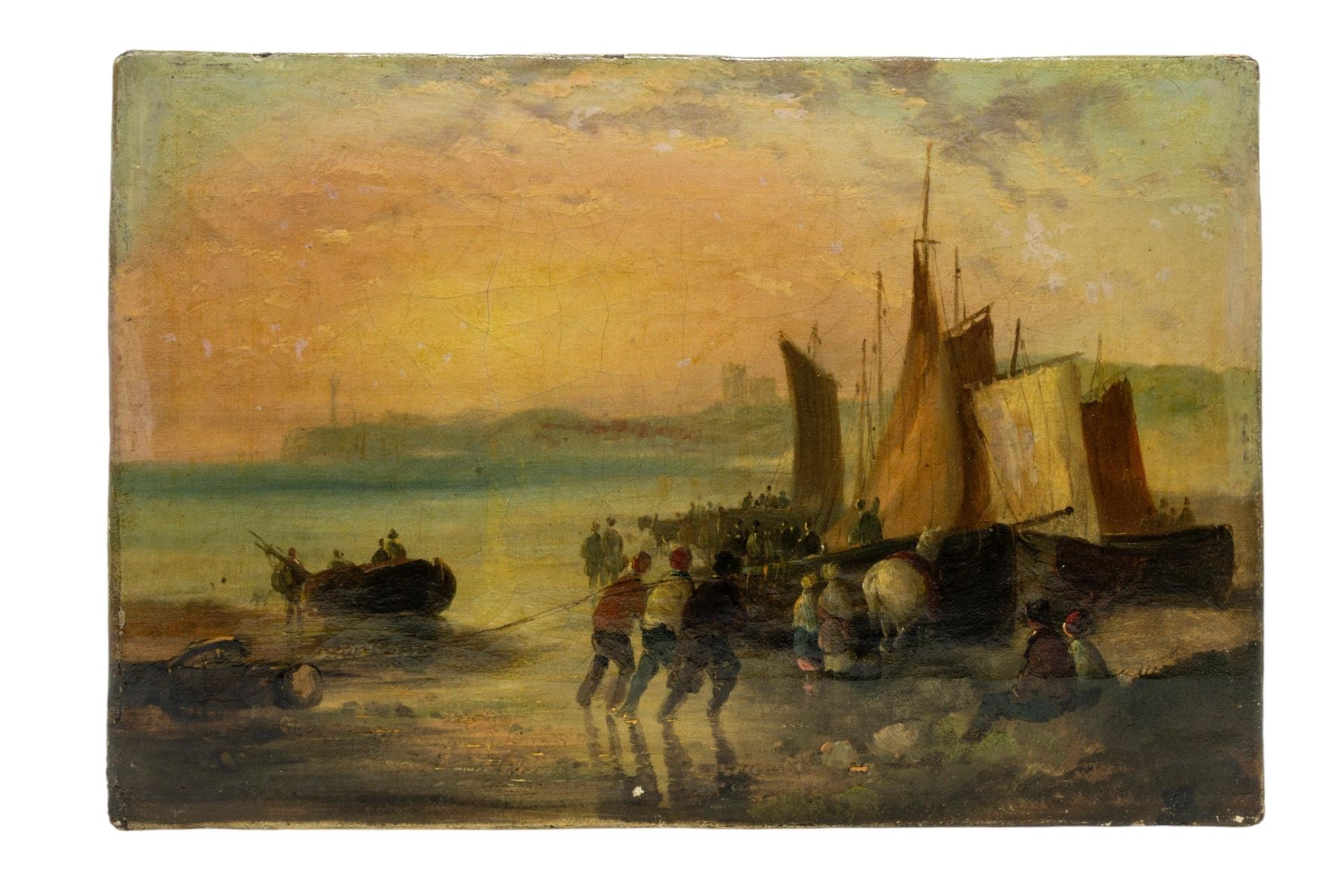 Null 帆布油画，大约 19 世纪早期，描绘日落时分渔夫捕获的鱼，未署名 17 x 25.5 厘米