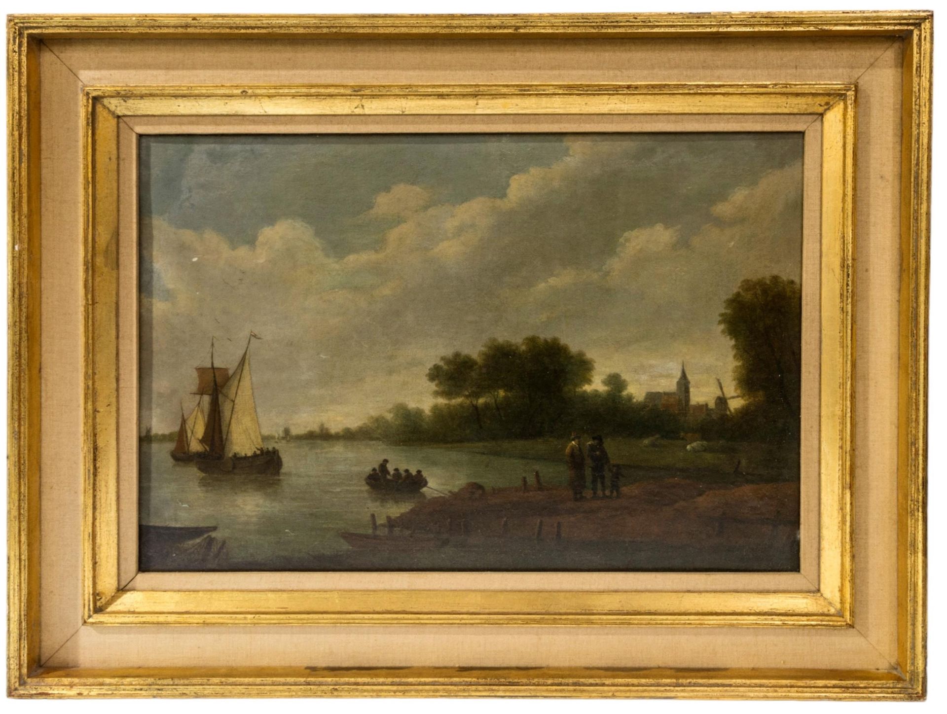 Null 荷兰画派，19 世纪，帆布上的河景油画，描绘河岸上的人物，一艘划艇和一艘单桅帆船驶来，远处是牛群和风车，未署名，背面用粉笔刻有参考编号 39 x 60&hellip;