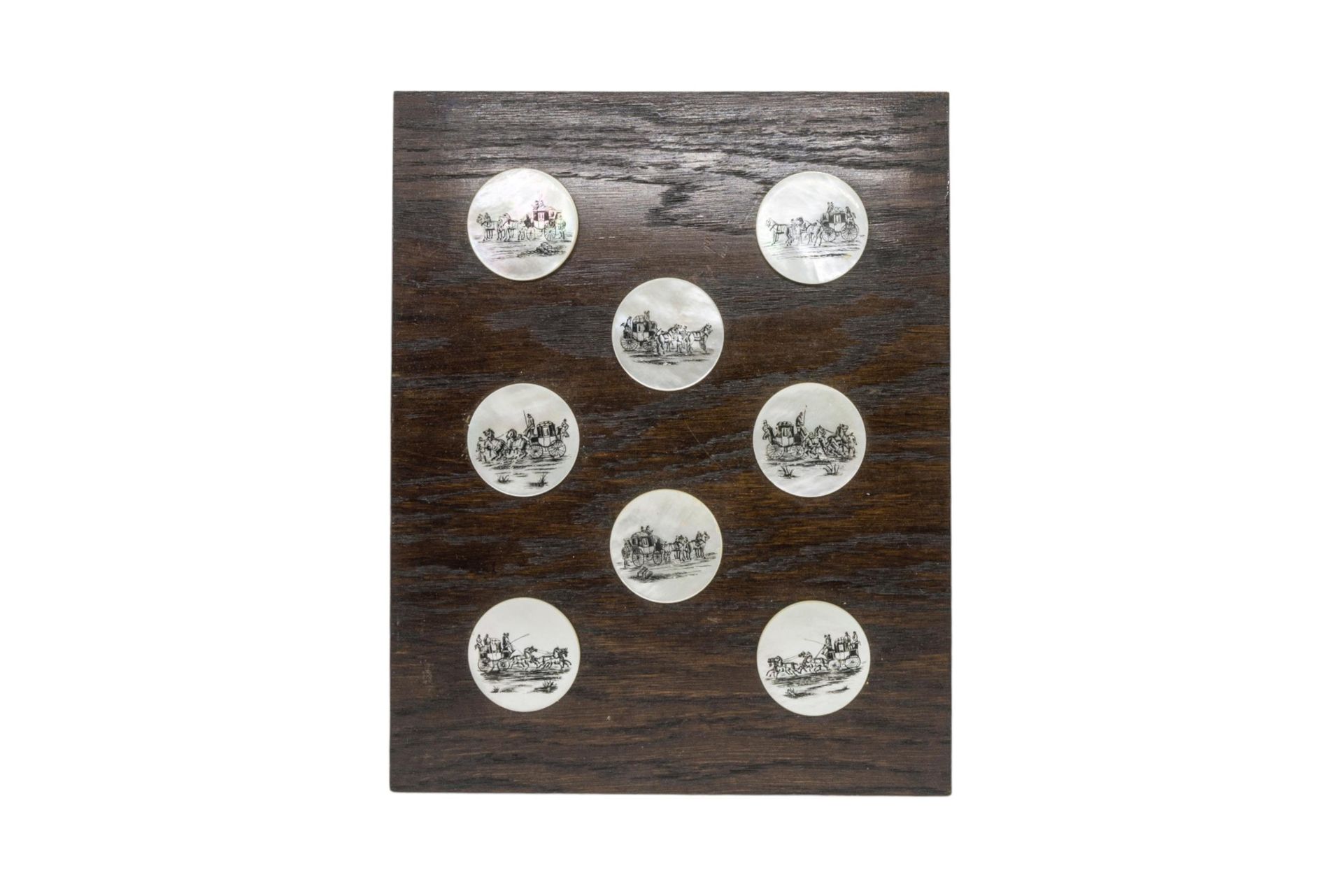 Null EIGHT MOTHER OF PEARL BUTTONS 19th / 20th century, mounted on oak board, 5c&hellip;