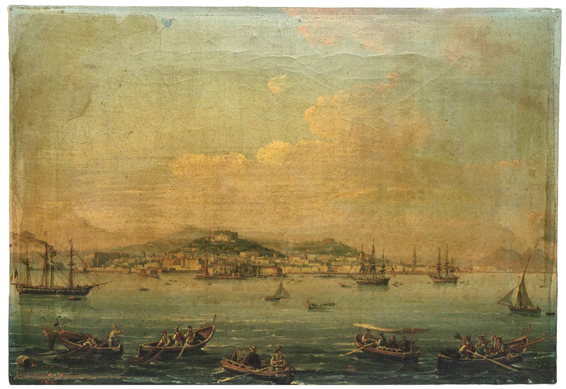 Null 萨尔瓦托雷-坎迪多（SALVATORE CANDIDO，1823-1869 年）油画《那不勒斯湾》，描绘了水上的船只阵列，以及远处的城市和维苏威火山，&hellip;