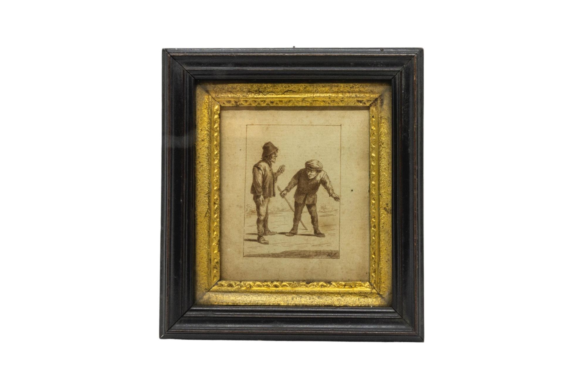 Null 一幅钢笔和墨水插图，大约 19 世纪，幽默地描绘了两位乡下绅士，其中一位手持一根棍子，右下角有单字（O.F 或 Q.F），上釉并装裱 7.5 x 6.&hellip;