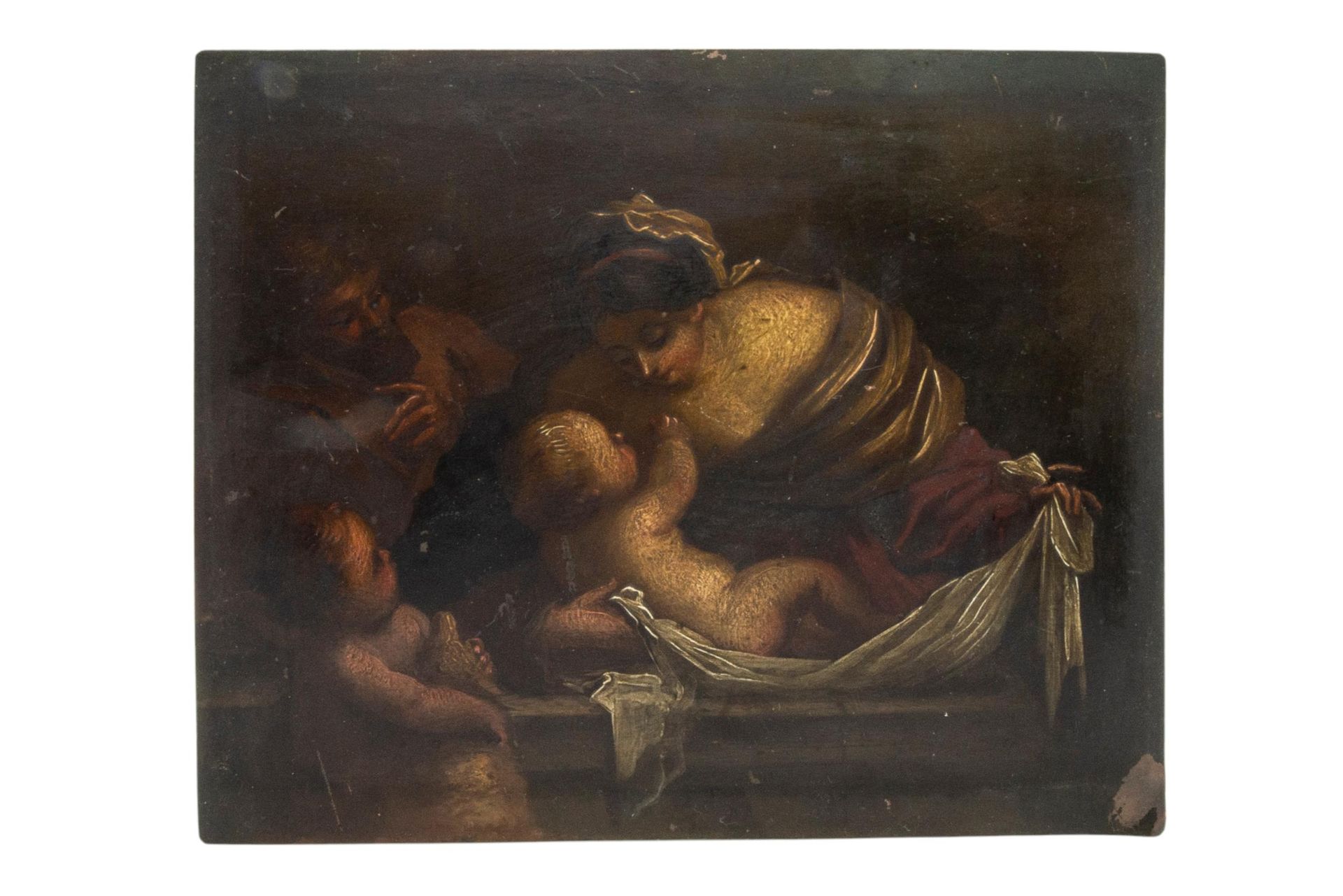 Null 意大利画派（18/19 世纪）铜板上的油画，描绘母亲襁褓中的婴儿 16.5 x 20.5 厘米