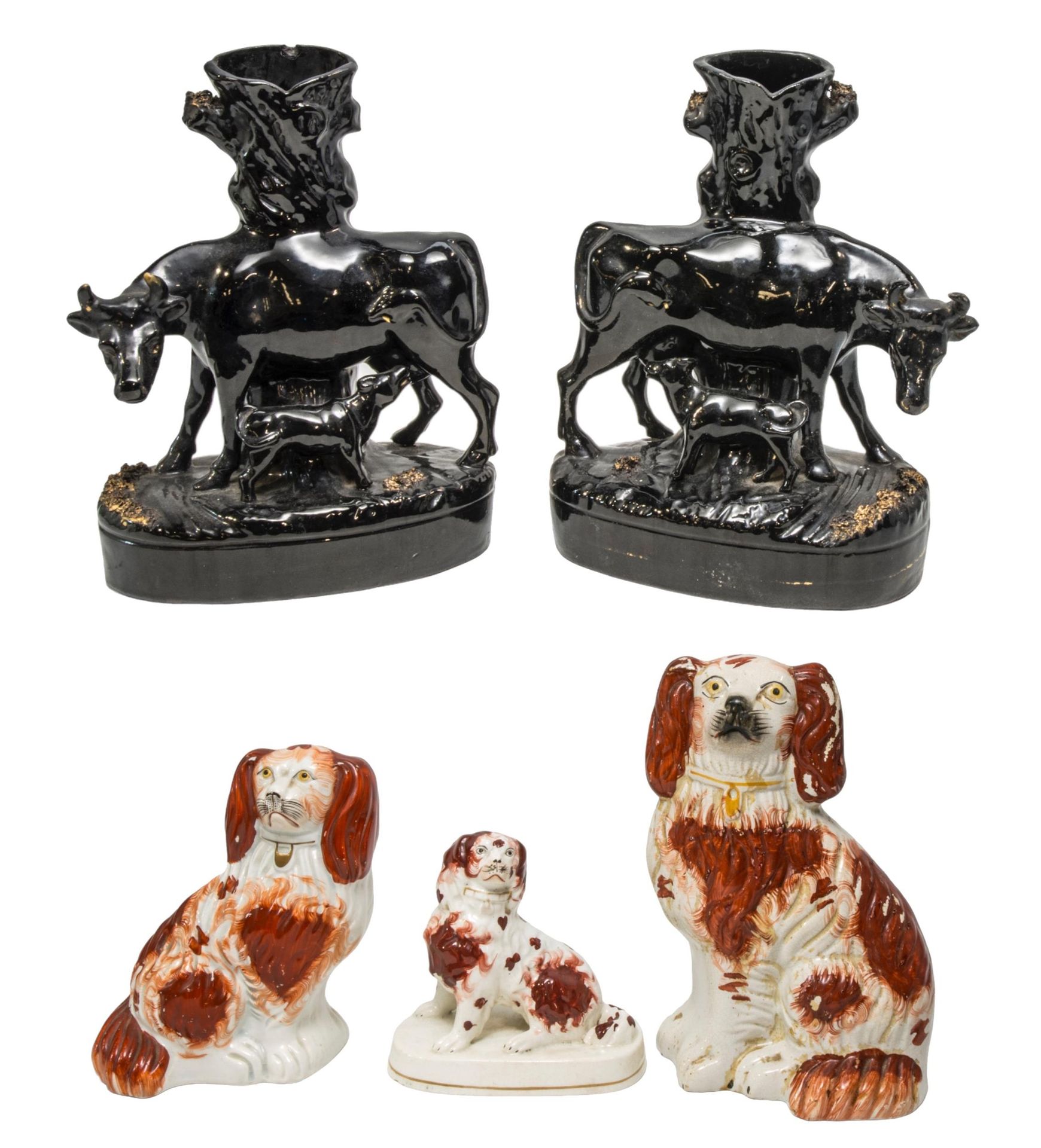Null PAIR OF STAFFORDSHIRE CATTLE DECORATED SPILL VASES AND THREE SPANIEL FIGURE&hellip;