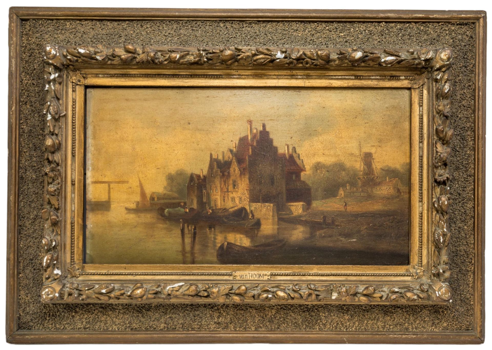 Null 扬-范霍姆（20 世纪）运河风光油画一对，倒角画板，画框上刻有 "范霍姆 "字样 25 x 46 厘米