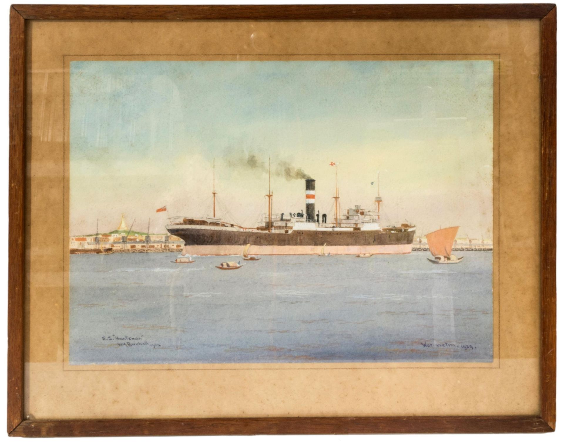 Null 威廉-明夏尔-比彻尔（1884-1941）《S.S HUNTSMAN》（1940 年）水彩画，左下角有签名、题名和日期，右下角有 "战争受害者，193&hellip;
