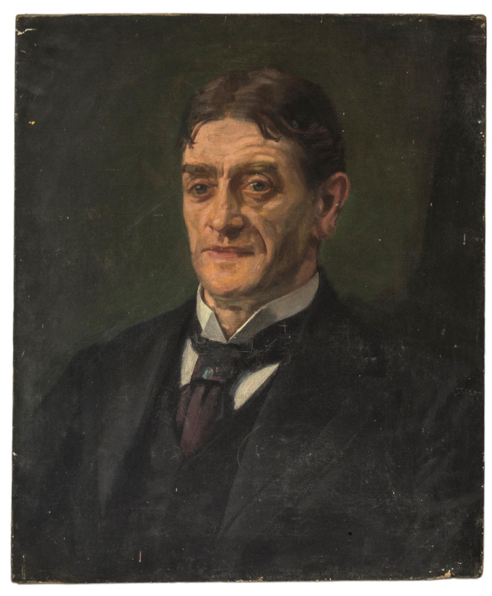 Null 一幅 19 世纪晚期/20 世纪早期的油画肖像，描绘了一位戴领圈、领带和领带夹的绅士，未装裱 62 x 51 厘米