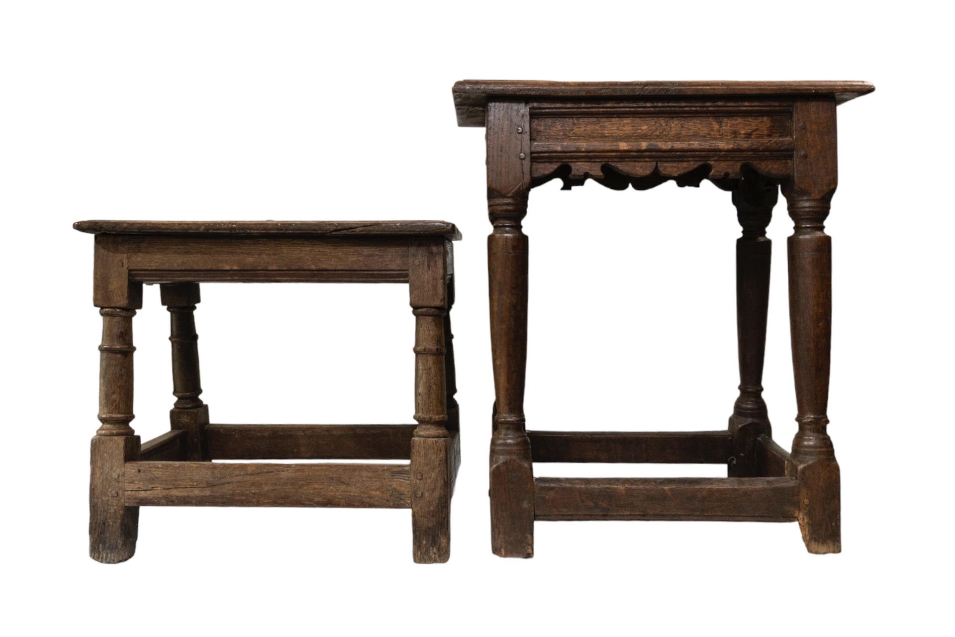 Null TWO OAK JOINT STOOLS, 18TH CENTURY, both with moulded seat panels raised on&hellip;