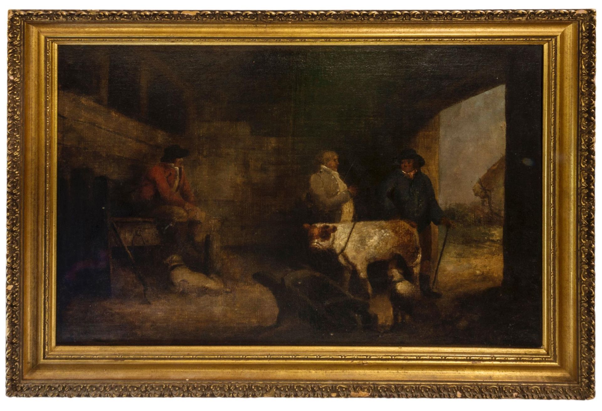 Null 乔治-莫兰德（1762-1804 年）油画，描绘谷仓内部的人物和牲畜 44 x 64 厘米