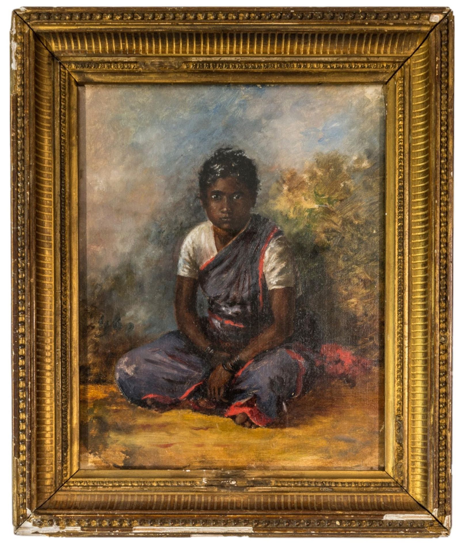 Null 一幅油画肖像，19 世纪末 20 世纪初，描绘一位盘腿而坐的印度女孩，未署名，上釉，有框 26 x 21 厘米