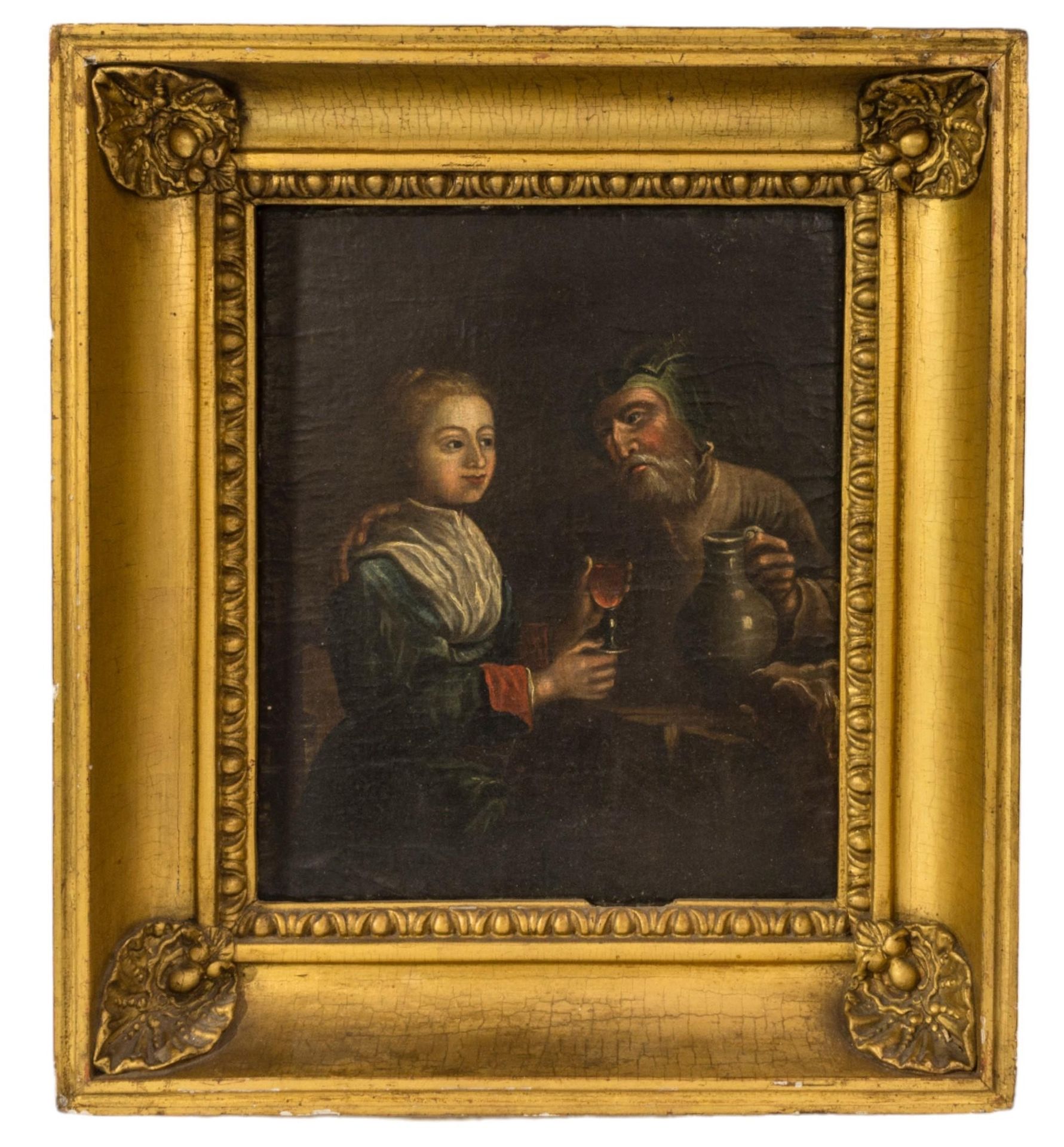 Null 一幅 18 世纪酒馆场景油画，装裱在倒角面板上，这幅大陆画派的画作描绘了一位绅士搂着一位年轻少女的场景，装裱在一个具有时代特征的画框中 28 x 23&hellip;