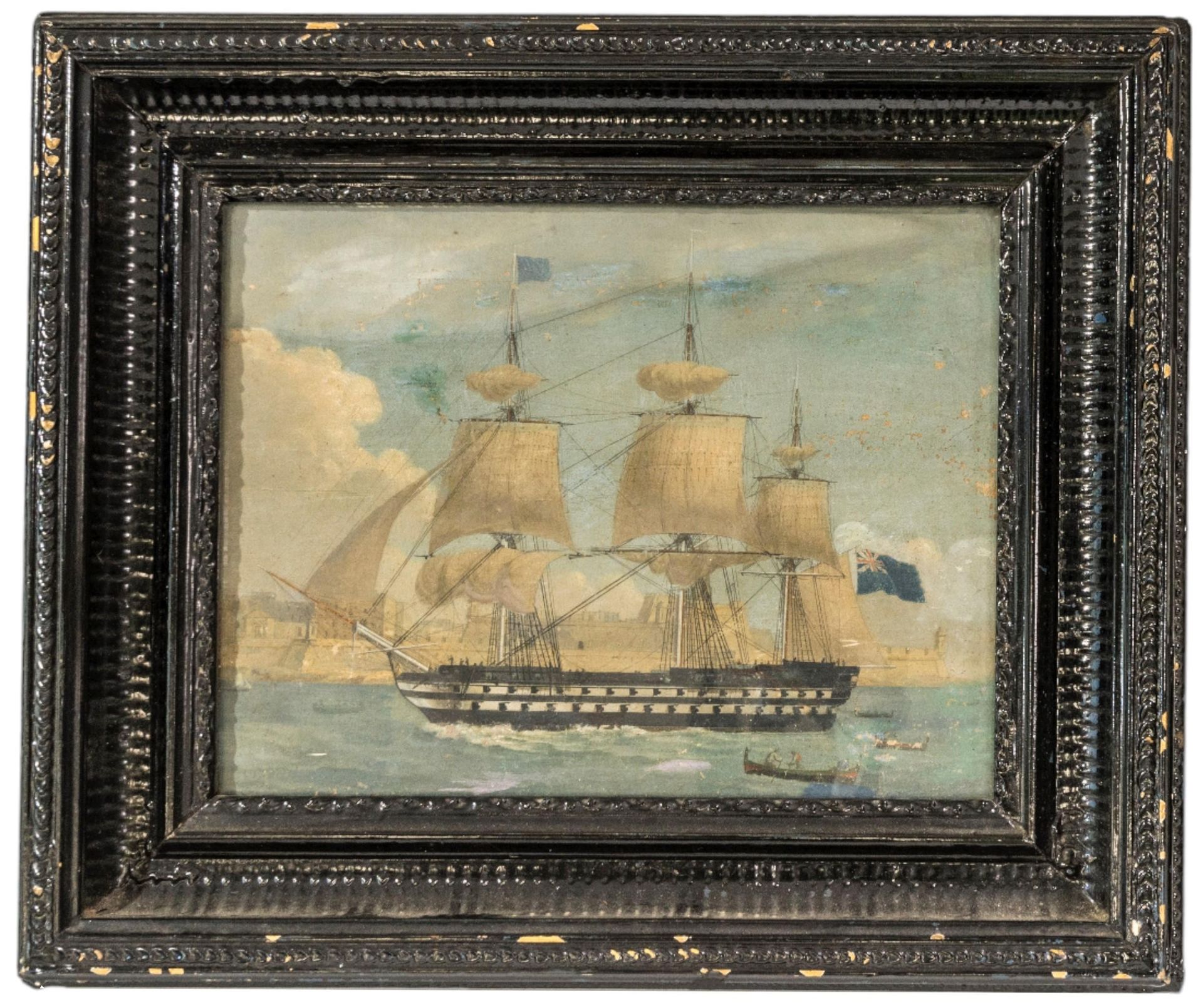 Null 一幅 19 世纪海上油画，描绘一艘全桅杆英国高大船舶驶入港口，上釉并装裱 22 x 29 厘米