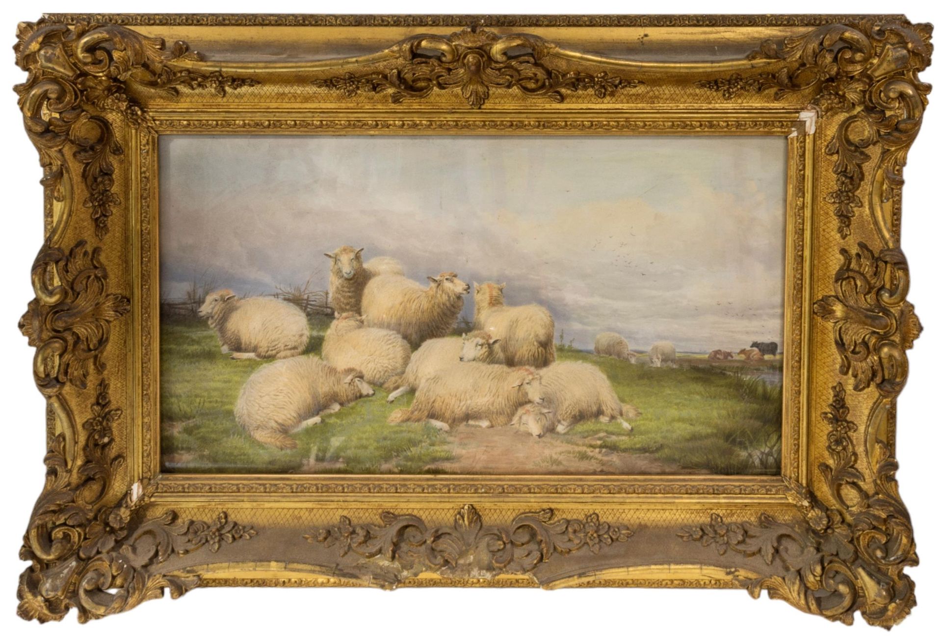 Null 托马斯-希德尼-库珀（1803-1902 年）水彩画：牧羊休息，远处有牛，未署名，上釉，有框 29 x 55 厘米
