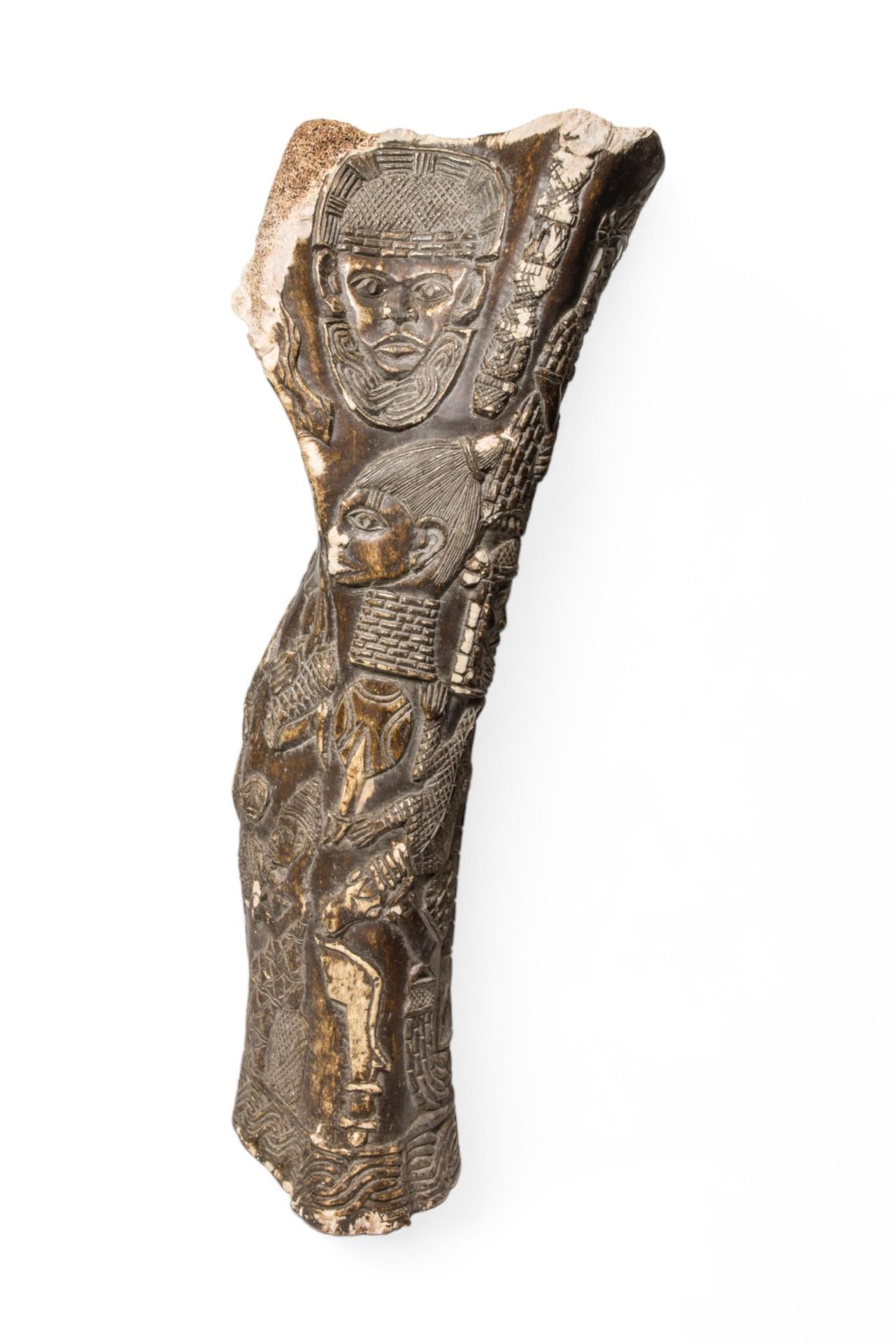 Null AN ELEPHANT LEG BONE WITH BENIN STYLE CARVINGS OF HIGH STATUS FIGURES 62cm