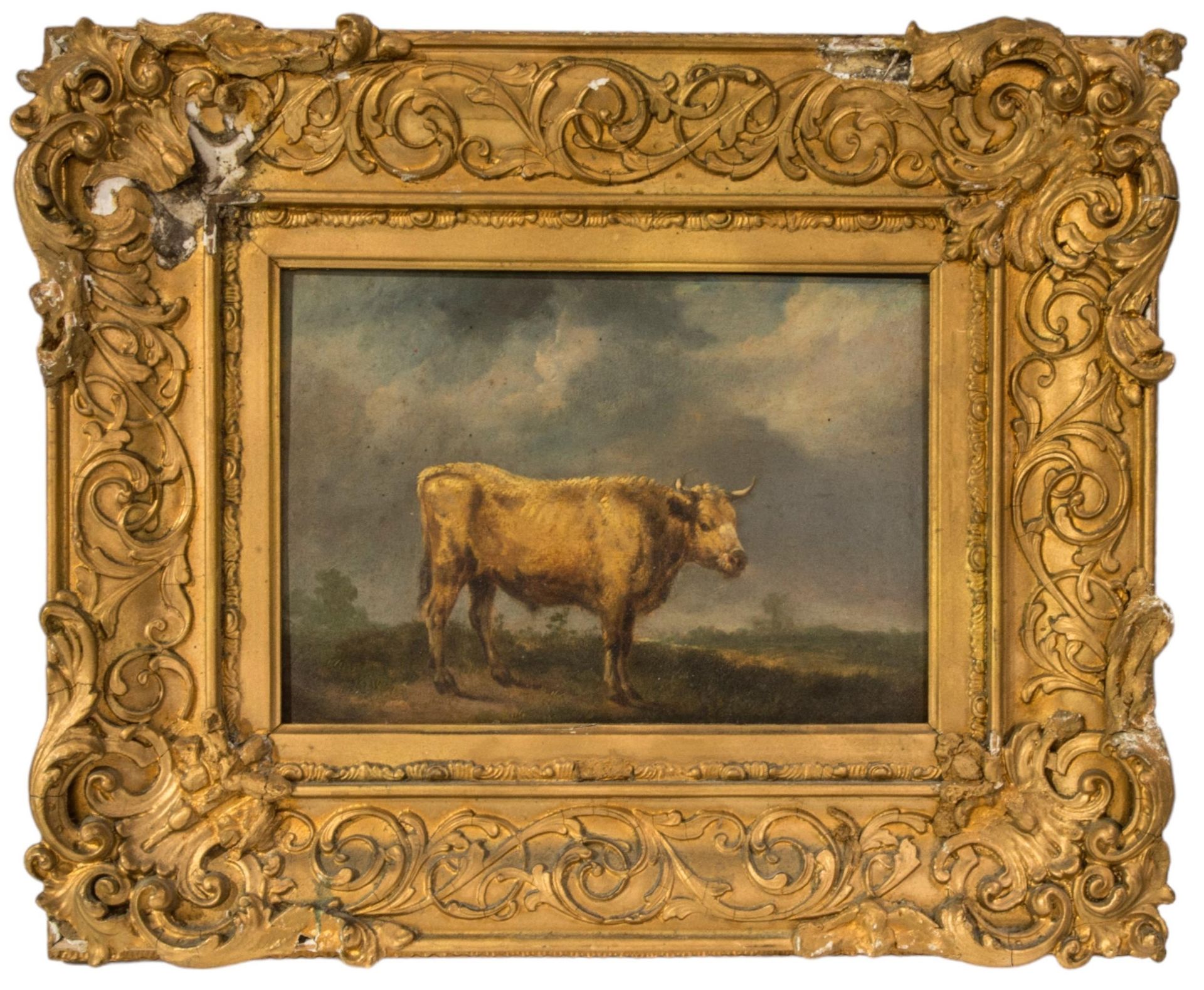 Null 托马斯-塞德尼-库珀（1803-1902）的木板油画《长角牛》，画中的长角牛站在一片荒地上，装裱在一个具有时代特色的画框中，画框背面附有弗罗斯特-里德&hellip;
