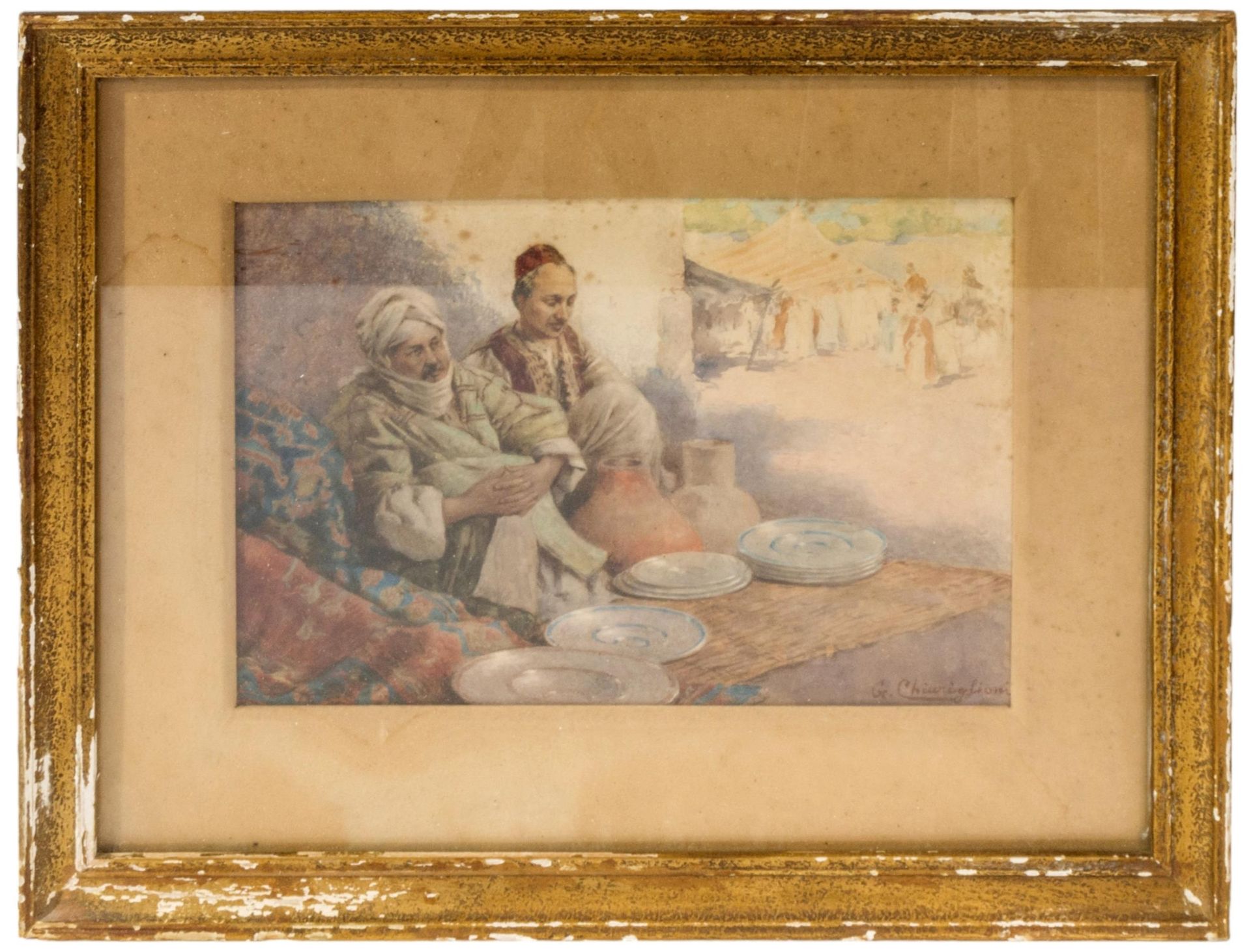 Null GUISEPPE B.基亚格里尼（19 世纪前）水彩画：波斯商人展示他们的商品，旁边是熙熙攘攘的市场，左下角有签名 上釉，有框 18 x 25.5 厘&hellip;
