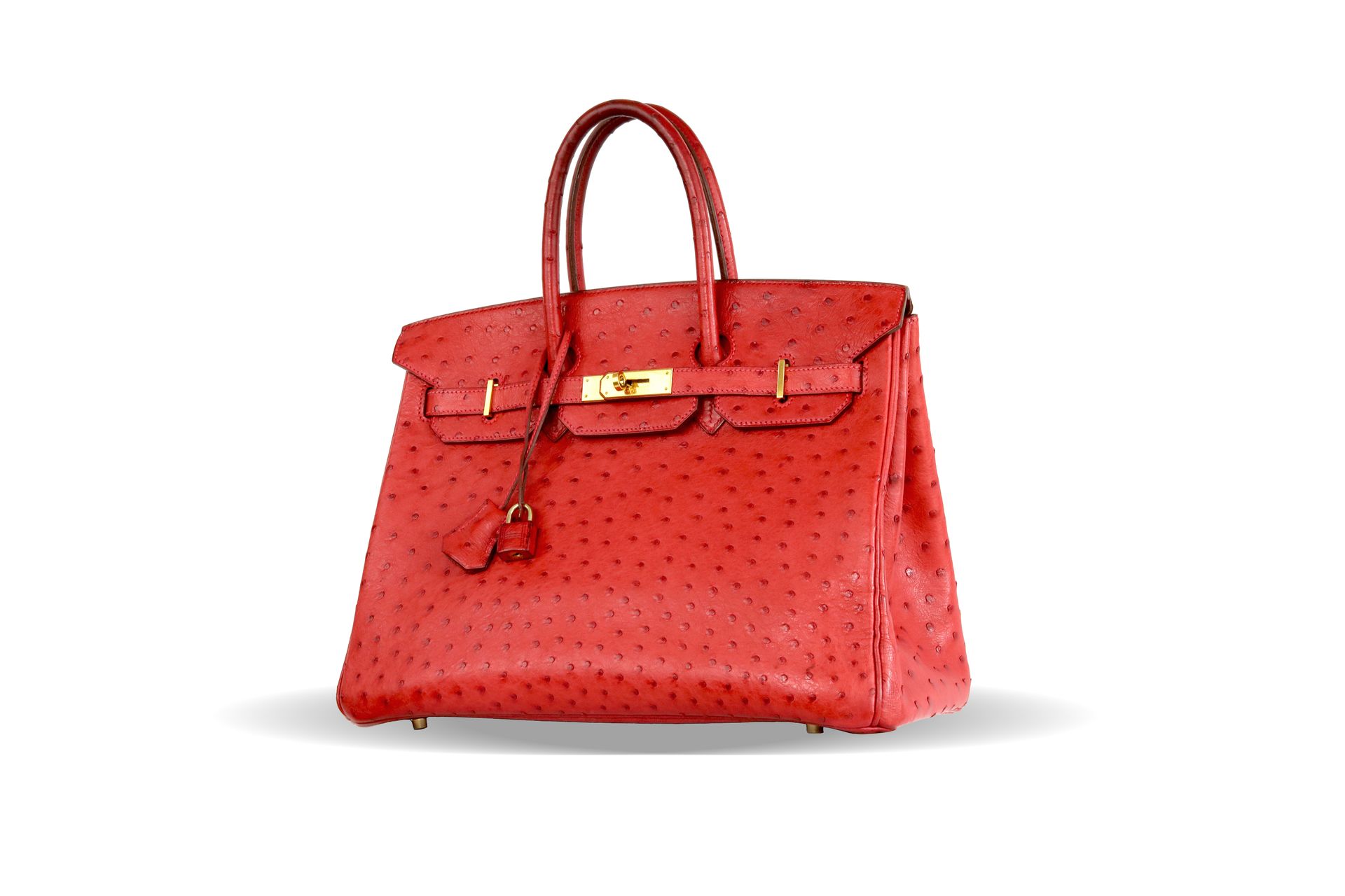 Hermès Sac à main Hermès modèle Birkin 35 en cuir d’autruche rouge vif, garnitur&hellip;