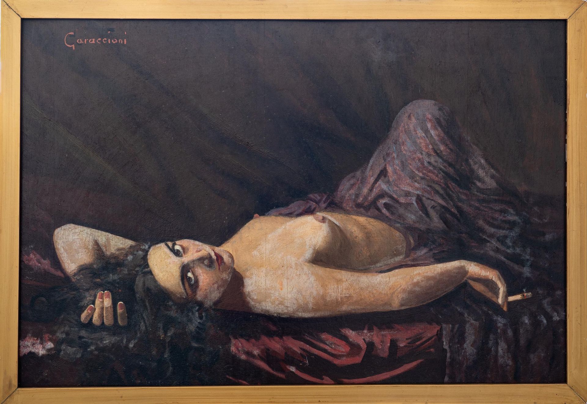 ORESTE GARACCIONI (Sassi 1881) 躺着的女性裸体，20世纪上半叶

板面油画，64.5x96厘米，左上方有签名