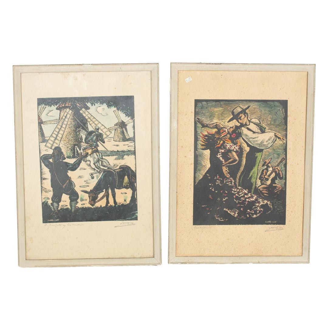 JUAN CASTELLS MARTI (1906) Pair of woodcut prints depicting "Don Quixote in the &hellip;
