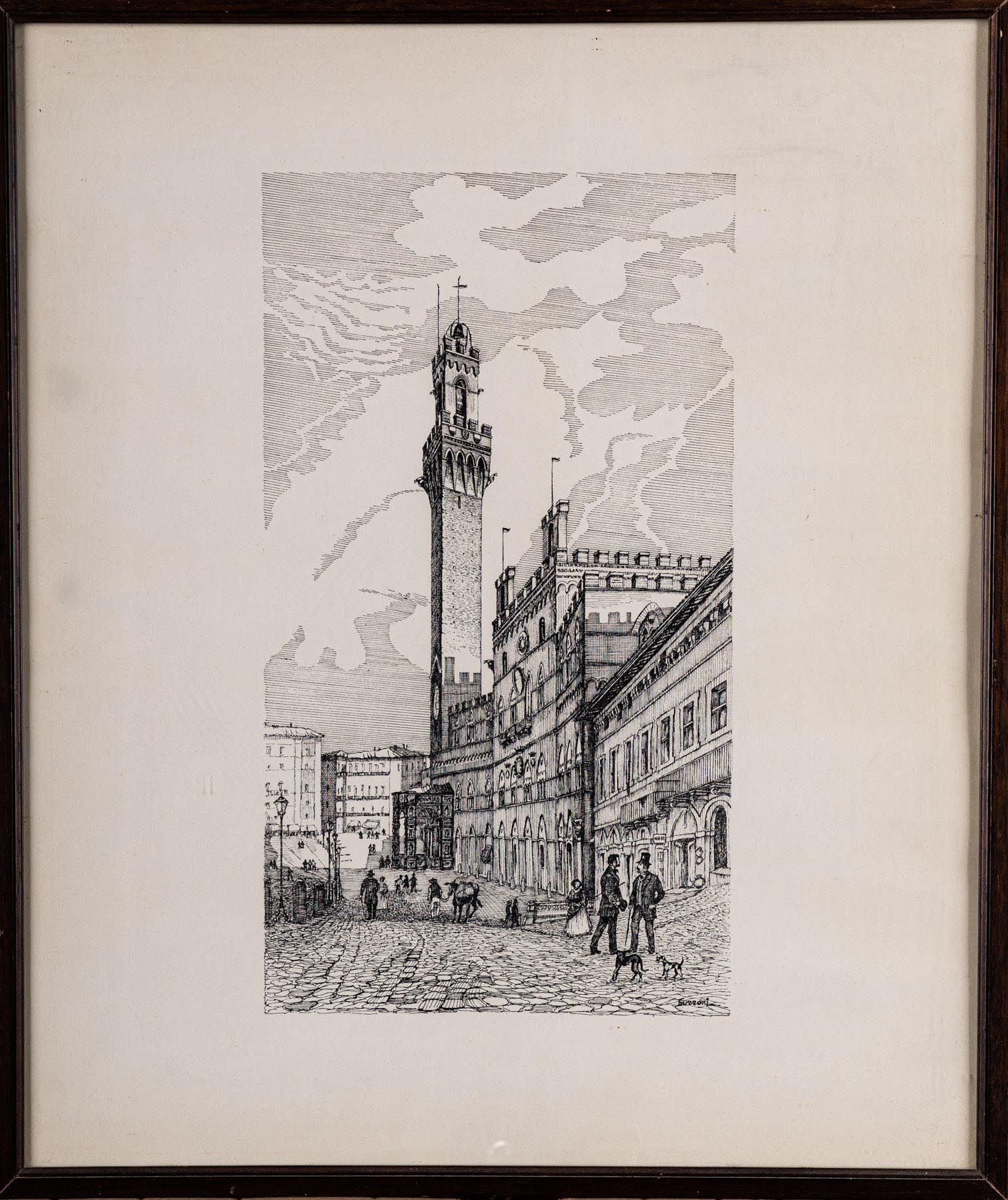 Null 描绘坎波广场景色的纸上多件拍品，签名为Burroni

20世纪

cm 60x51带框架