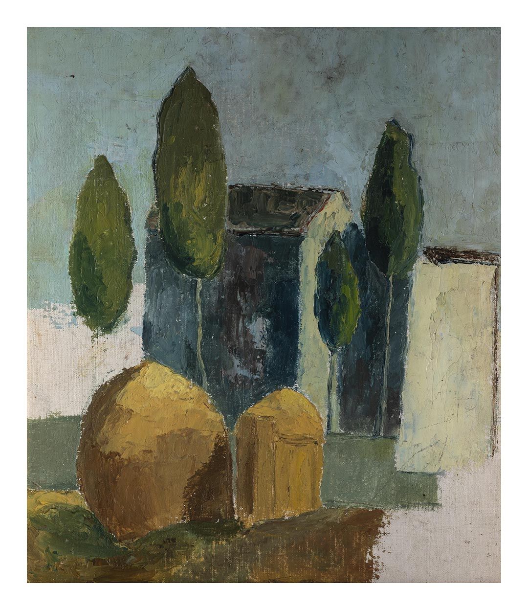 MARIO GHEZZI (Siena 1919 - Siena 2007) Landschaft mit Pagliai

1953

Öl auf Kart&hellip;