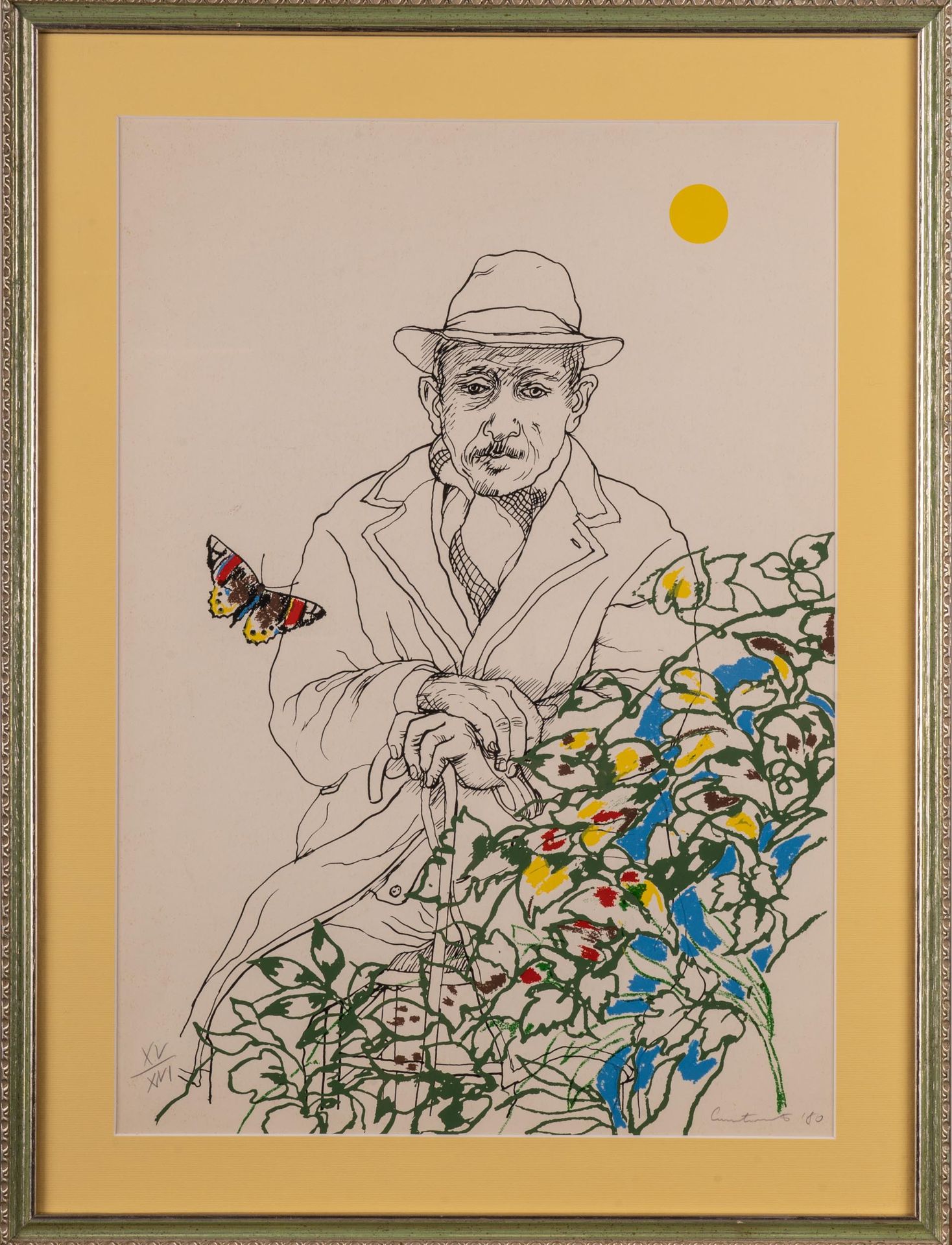 MARIO CAROTENUTO (TRAMONTI 1922 - SALERNO 2017) Homme âgé avec des fleurs et un &hellip;