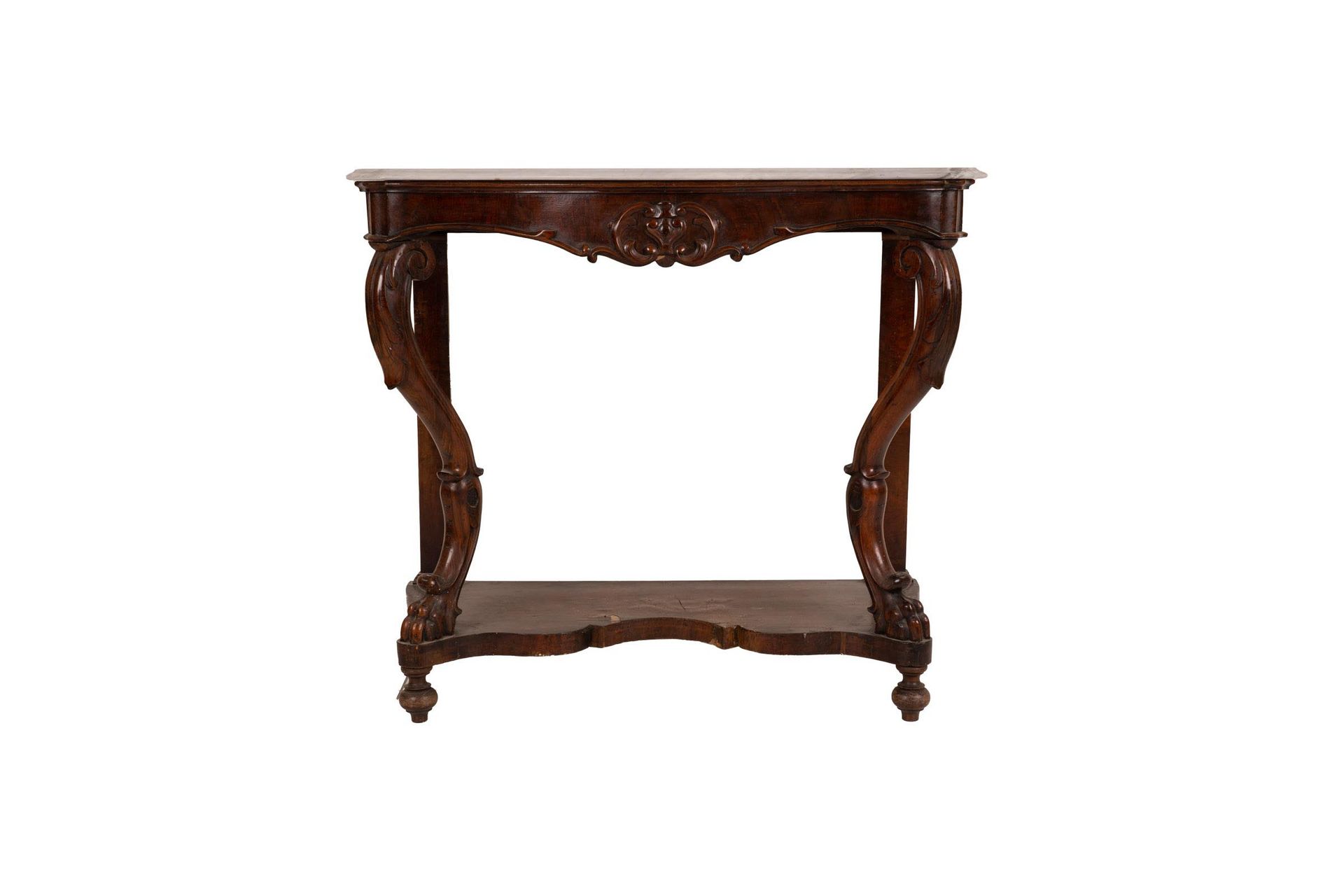 Null 路易-菲利普办公桌


19世纪中期


胡桃木雕花，白色大理石的异形桌面，卷轴腿，异形底板，旋涡状脚。


105x56x115厘米