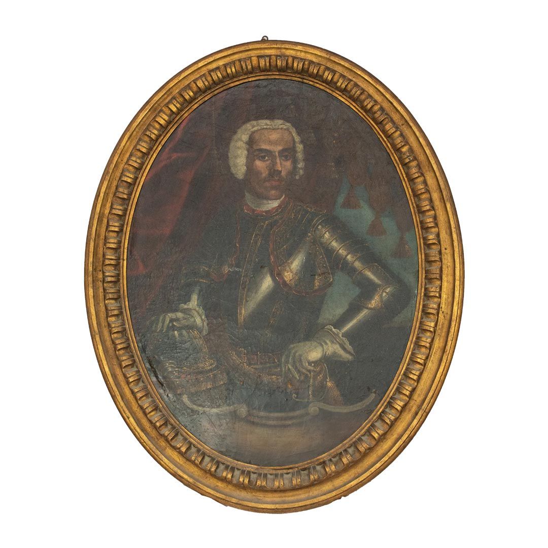 Null 穿着盔甲的绅士画像


18世纪末


椭圆形画布上的油画，置于现代框架内


cm 75x103