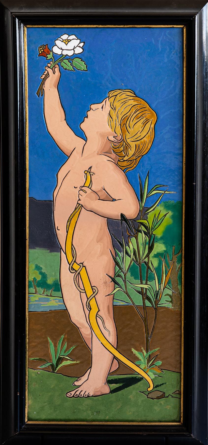 Null Plaque en majolique de Longwy à décor de Cupidon tenant une rose 

Années 1&hellip;