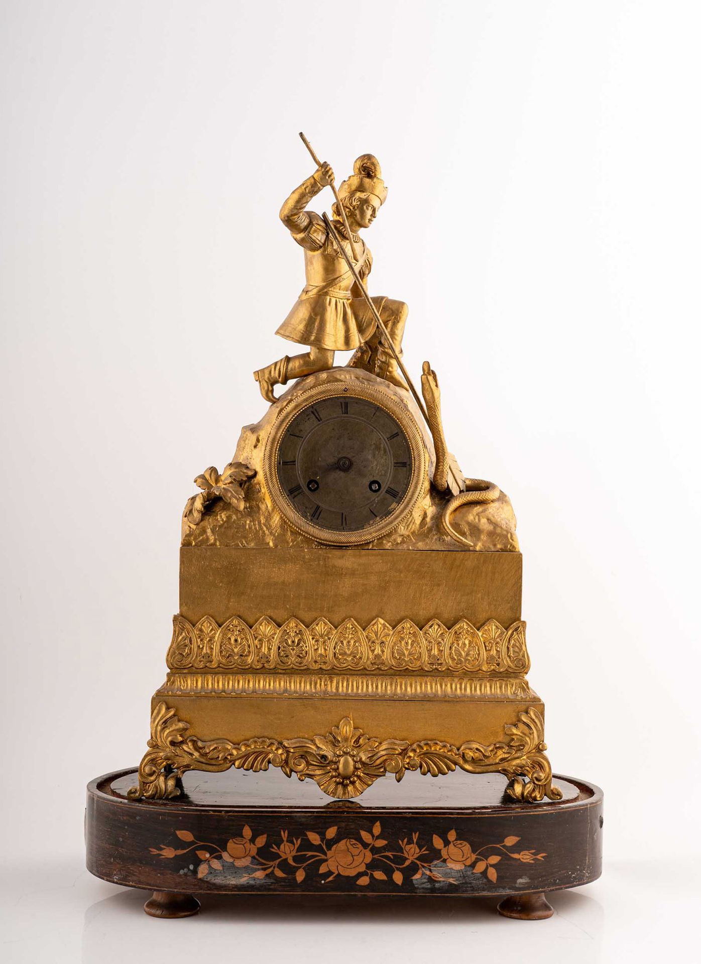 Null 装饰品时钟

法国 19世纪末

鍍金金屬，橢圓形桃花心木底座，缺失，沒有玻璃鈴聲

高37厘米