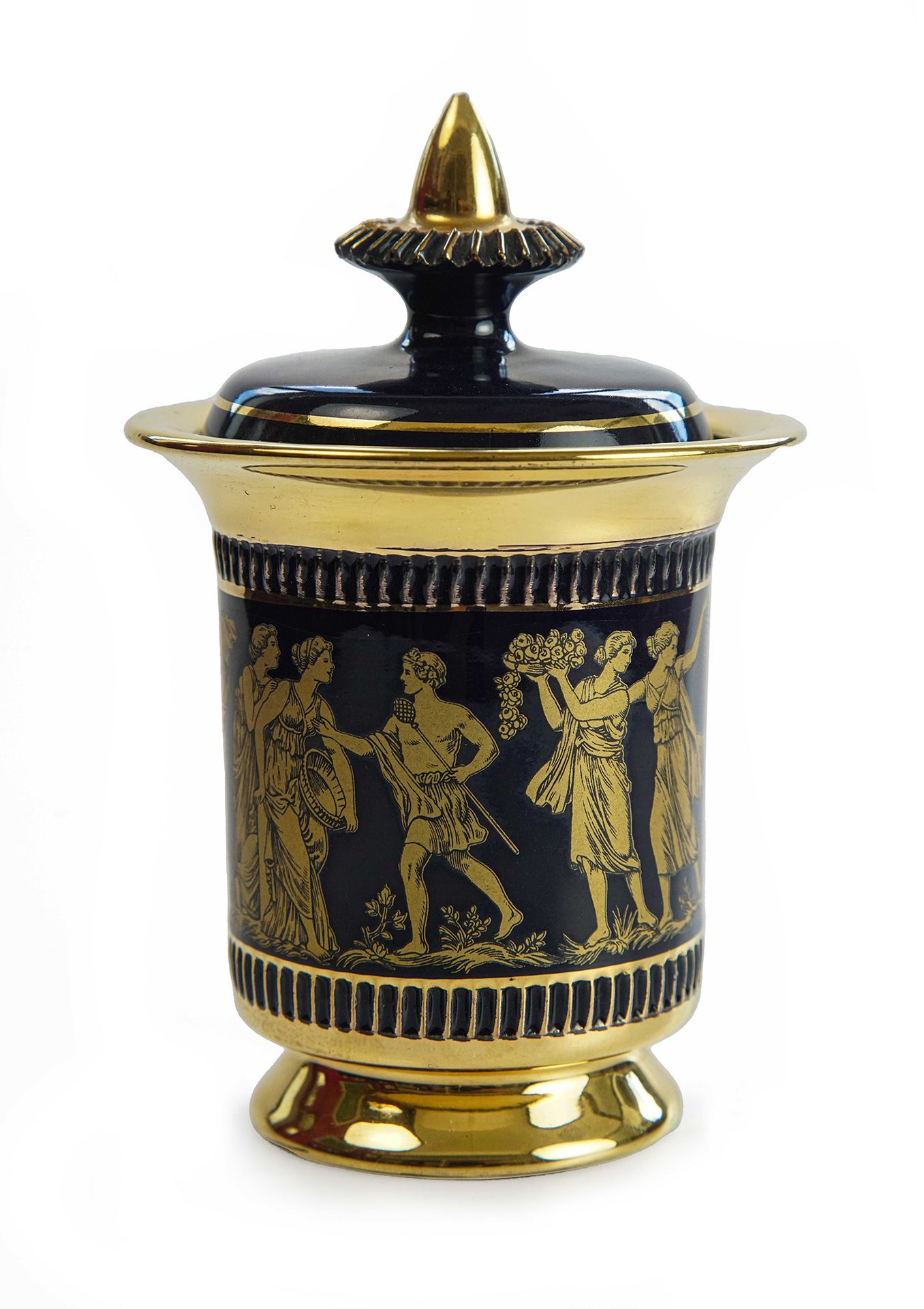 Null Blue majolica jar 

decorated with gold leaf with classical subjects 

h cm&hellip;