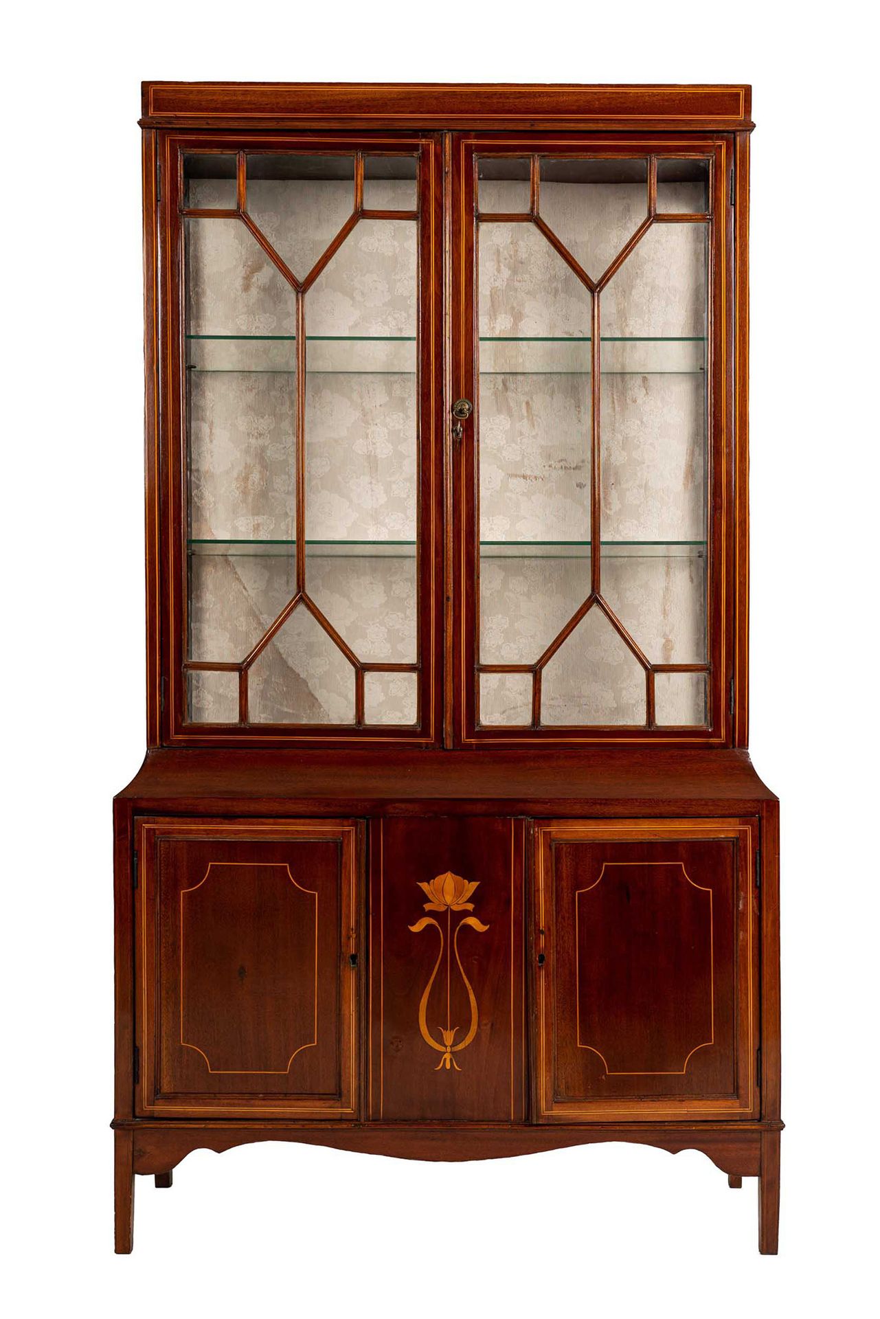Null 双体展示

英国 20世纪初

桃花心木镶嵌花卉图案，上面有两个玻璃门，下面有两个门

96x32.4x168.6厘米