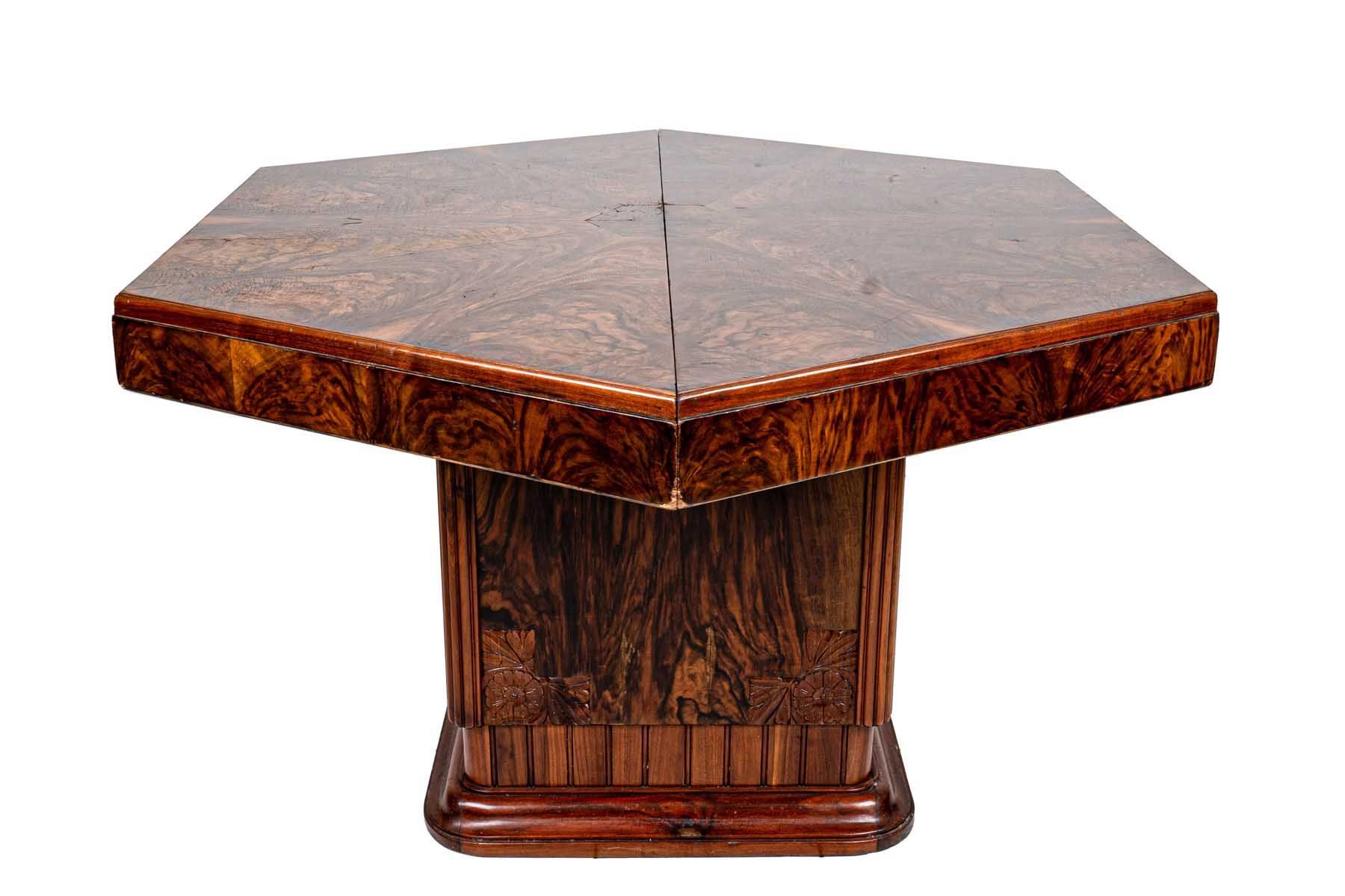 Null Table 

France Deco period 

in carved walnut burl, opening top of hexagona&hellip;