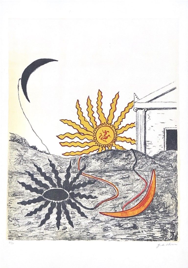 Giorgio De Chirico, Sole spento e luna crescente 乔治-德-基里科，暗淡的太阳和新月_x000D_
1969年_&hellip;
