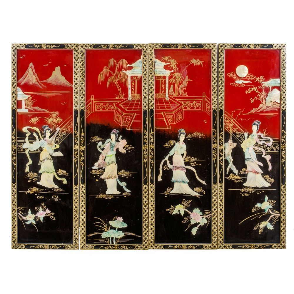 QUATTRO PANNELLI 漆木、珍珠母和半宝石的四幅画，描绘了 "东方生活场景"。中国 20世纪。



cm 91 x 30 每个。