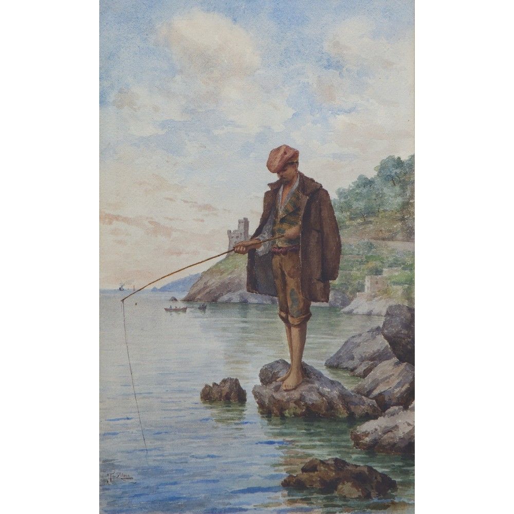 PITTORE DEL XIX SECOLO, Paesaggio marino con pescatore 19世纪的画家

海景与渔夫

纸上水彩画，左下方&hellip;