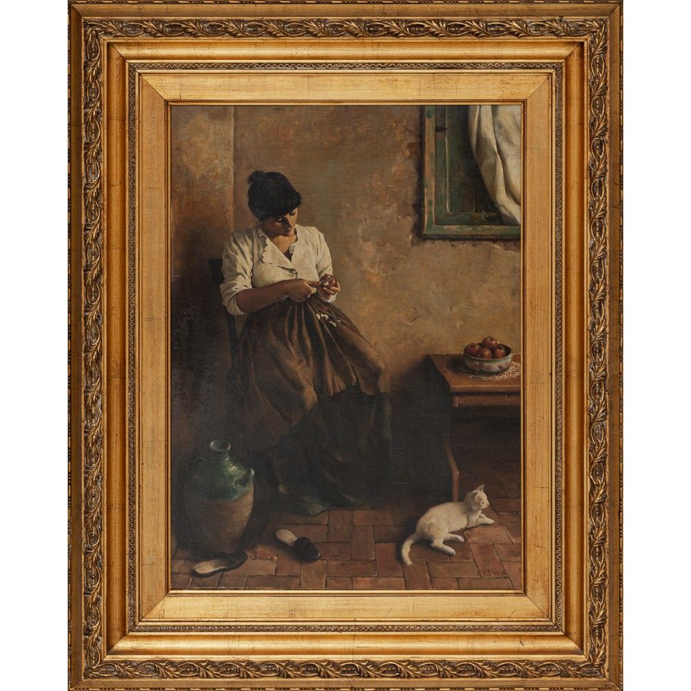 PITTORE DEL XX SECOLO, Olio su tavoletta 20世纪画家

室内有女人和猫

板上油彩

右下角署名大卫。



cm 5&hellip;