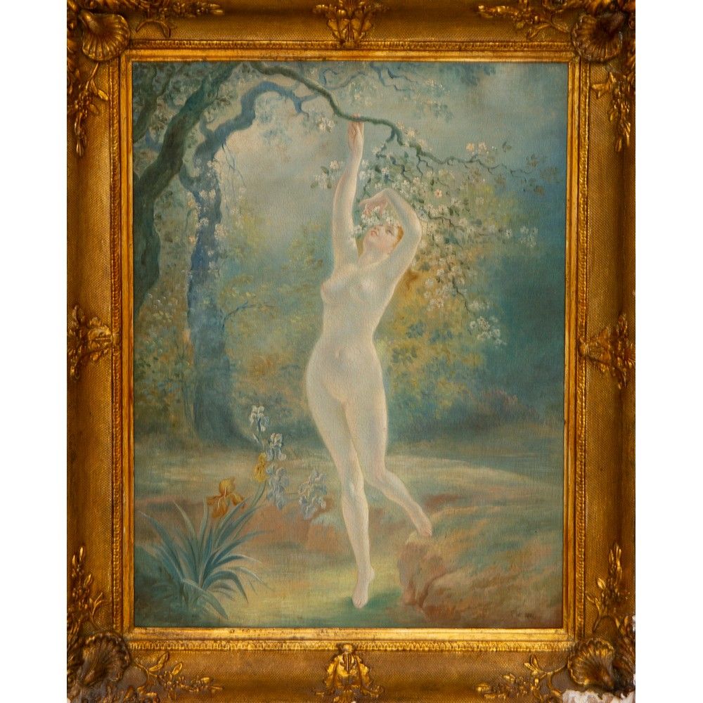 PITTORE DEL XX SECOLO, Olio su tela 20世纪画家

裸体女人的风景

布面油画

右下角有图案，在框架内。



cm 43&hellip;