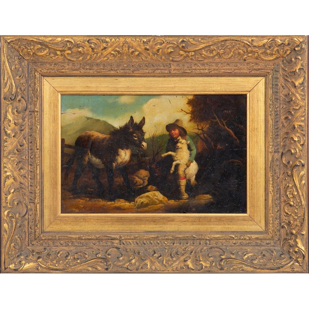 PITTORE DEL XX SECOLO, Paesaggio, Olio su tavoletta 20世纪画家

牧童、绵羊和驴子的景观

板上油彩。

&hellip;