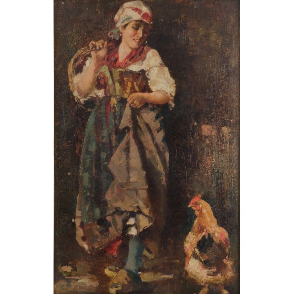 SALVATORE BALSAMO, Contadina con gallina, Olio su tavola 萨尔瓦托雷-巴尔萨莫 (那不勒斯 1894 -&hellip;