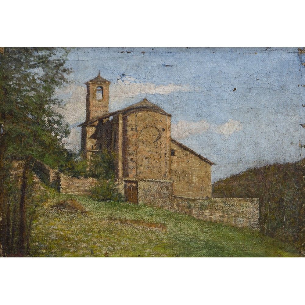 PITTORE DEL XX SECOLO, Paesaggio con chiesa, Olio su tela PEINTRE DU 20ÈME SIÈCL&hellip;