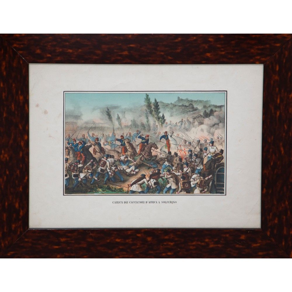 COPPIA STAMPE acquarellate 描绘 "蒙特贝罗之战 "和 "非洲猎人在索尔费里诺的冲锋 "的两幅水彩画。意大利 19世纪。



36 &hellip;