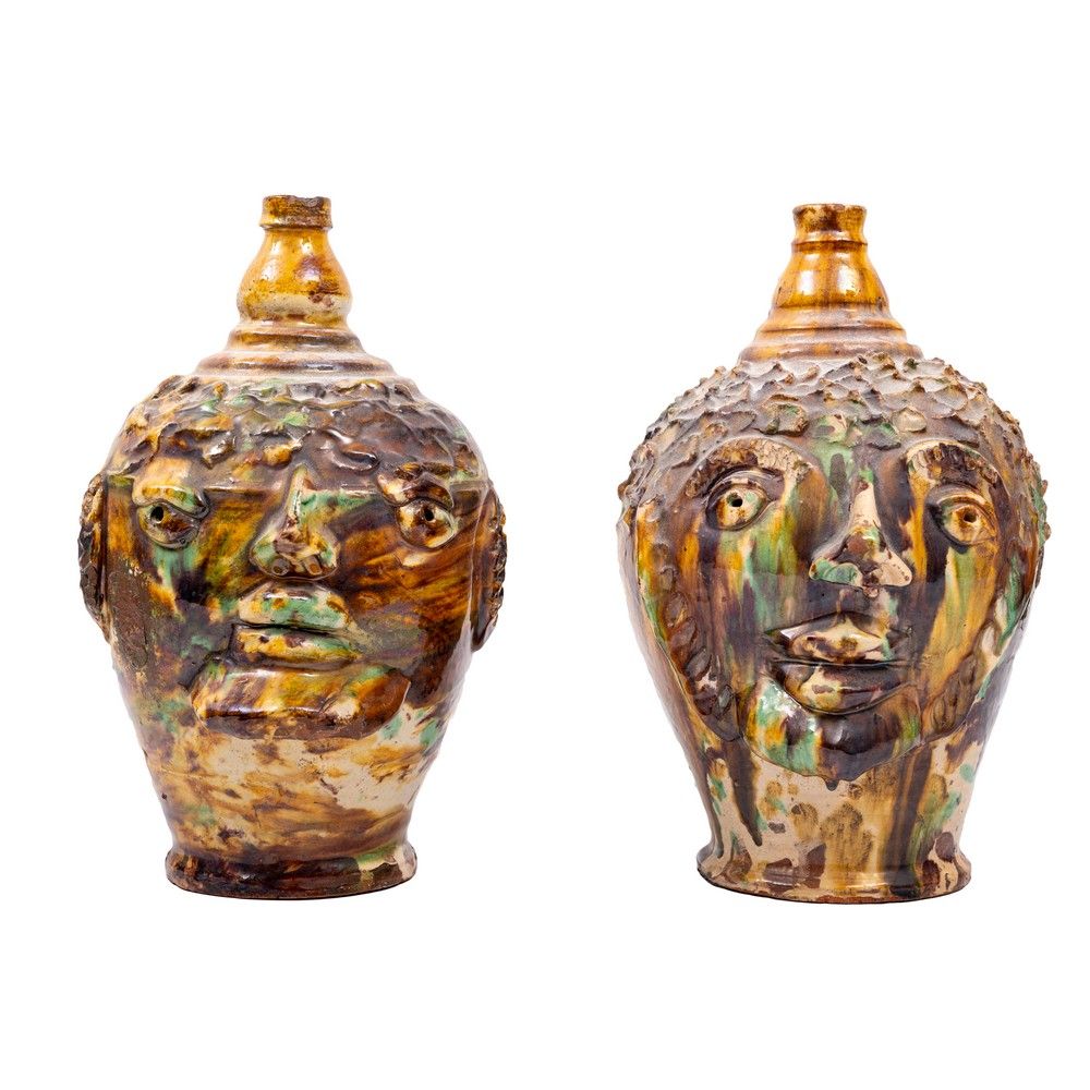 DUE FIASCHE TWO FLASKS. 

Polychrome ceramic depicting 'Heads'. 

Calabria mid-2&hellip;