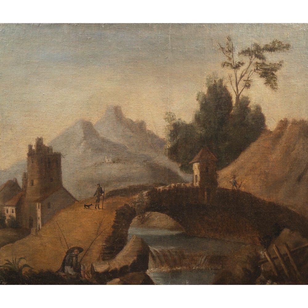 SCUOLA ITALIA SETTENTRIONALE FINE XVIII SEC, Olio su tela. 18世纪末的意大利北部学校

有桥和路人的&hellip;