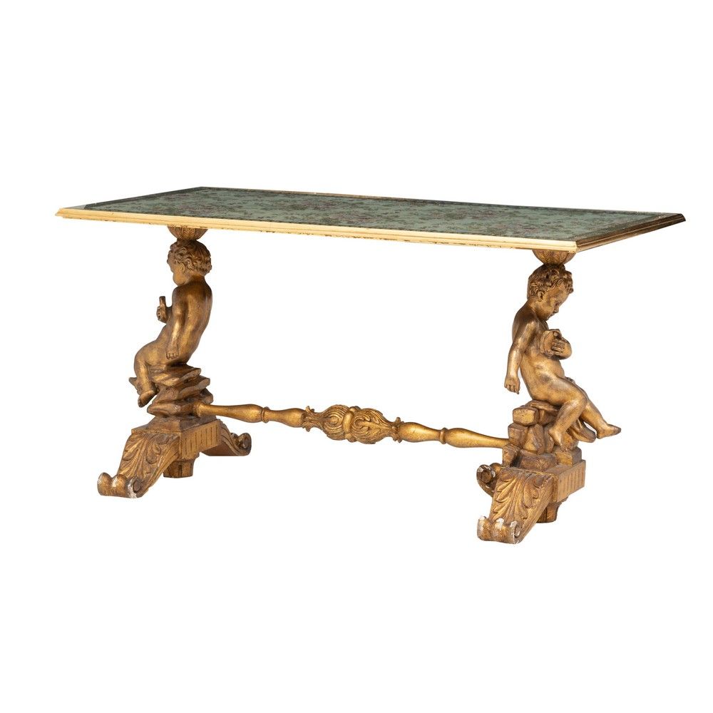 TAVOLINO da salotto TABLE DE SALLE À MANGER en bois doré, plateau recouvert de t&hellip;